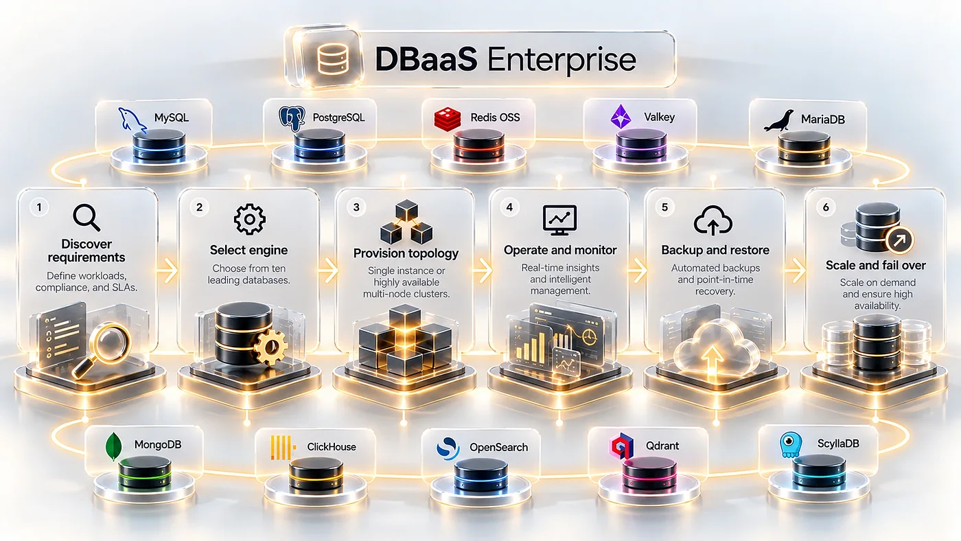 مسیر DBaaS Enterprise برای ده موتور دیتابیس: نیازسنجی، انتخاب موتور، ساخت توپولوژی، عملیات و پایش، پشتیبانگیری و بازیابی، مقیاس و Failover.