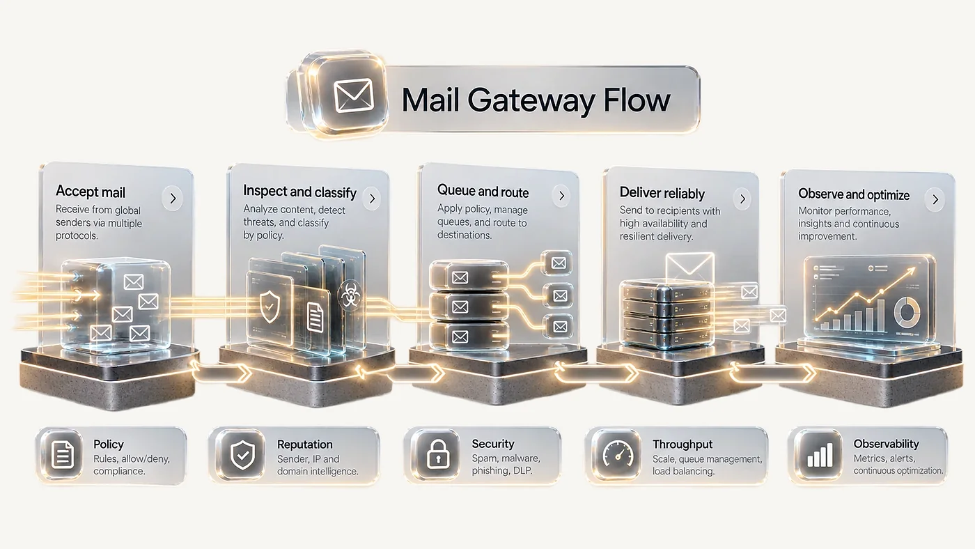 فلوی 4SO Mail Gateway: دریافت ایمیل، بازرسی و دسته‌بندی، صف و مسیریابی، تحویل مطمئن، مشاهده و بهینه‌سازی.