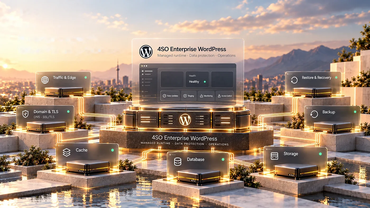 هسته‌ی Enterprise WordPress و سرویس‌های پلتفرم پیرامون آن: ترافیک و لبه، دامنه و TLS، کش، دیتابیس، ذخیره‌سازی، پشتیبان‌گیری و بازیابی.