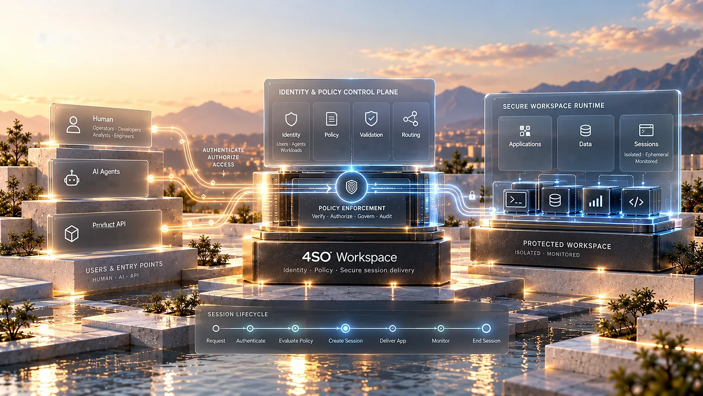 Workspace: کاربران، عامل‌های هوش مصنوعی و API از لایه‌ی هویت و سیاست می‌گذرند و نشست امن در محیط اجرای جداشده تحویل می‌شود.